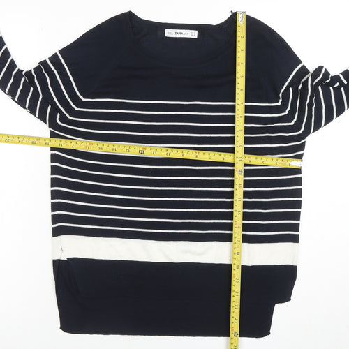 Zara Women Blue Striped Knit Long Sleeve Boat Neck Blouse M