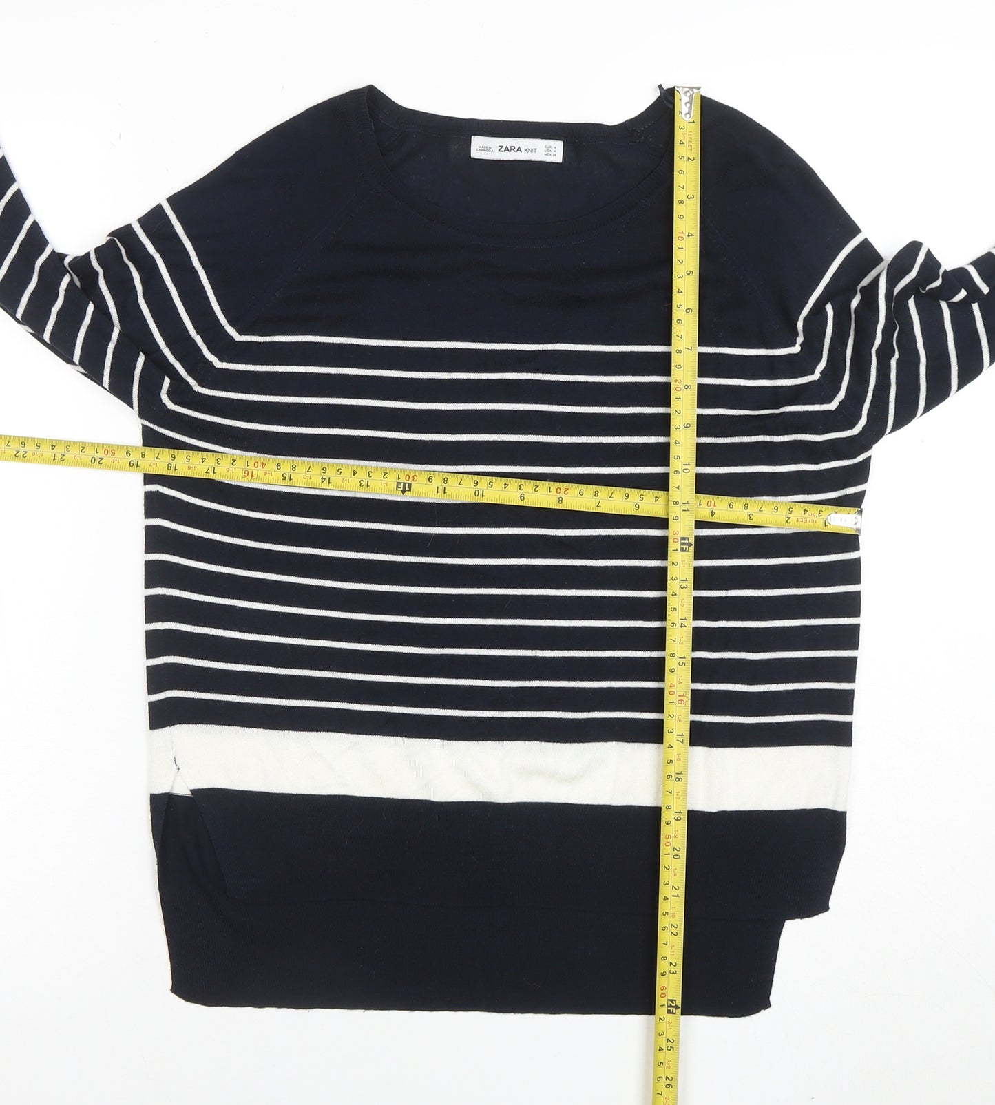 Zara Women Blue Striped Knit Long Sleeve Boat Neck Blouse M