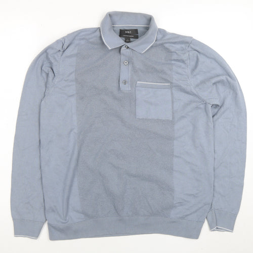 Marks and Spencer Men's Blue Long Sleeve Cotton Blend Polo M