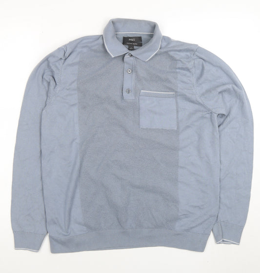 Marks and Spencer Men's Blue Long Sleeve Cotton Blend Polo M