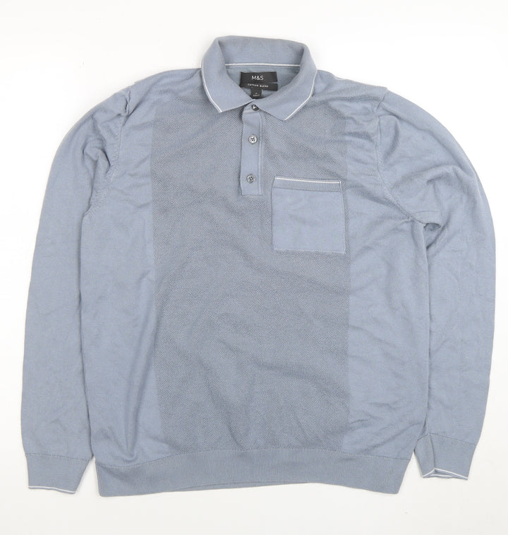 Marks and Spencer Men's Blue Long Sleeve Cotton Blend Polo M