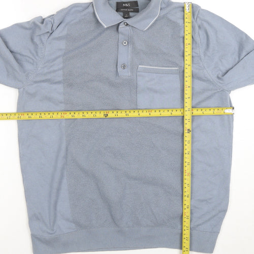 Marks and Spencer Men's Blue Long Sleeve Cotton Blend Polo M