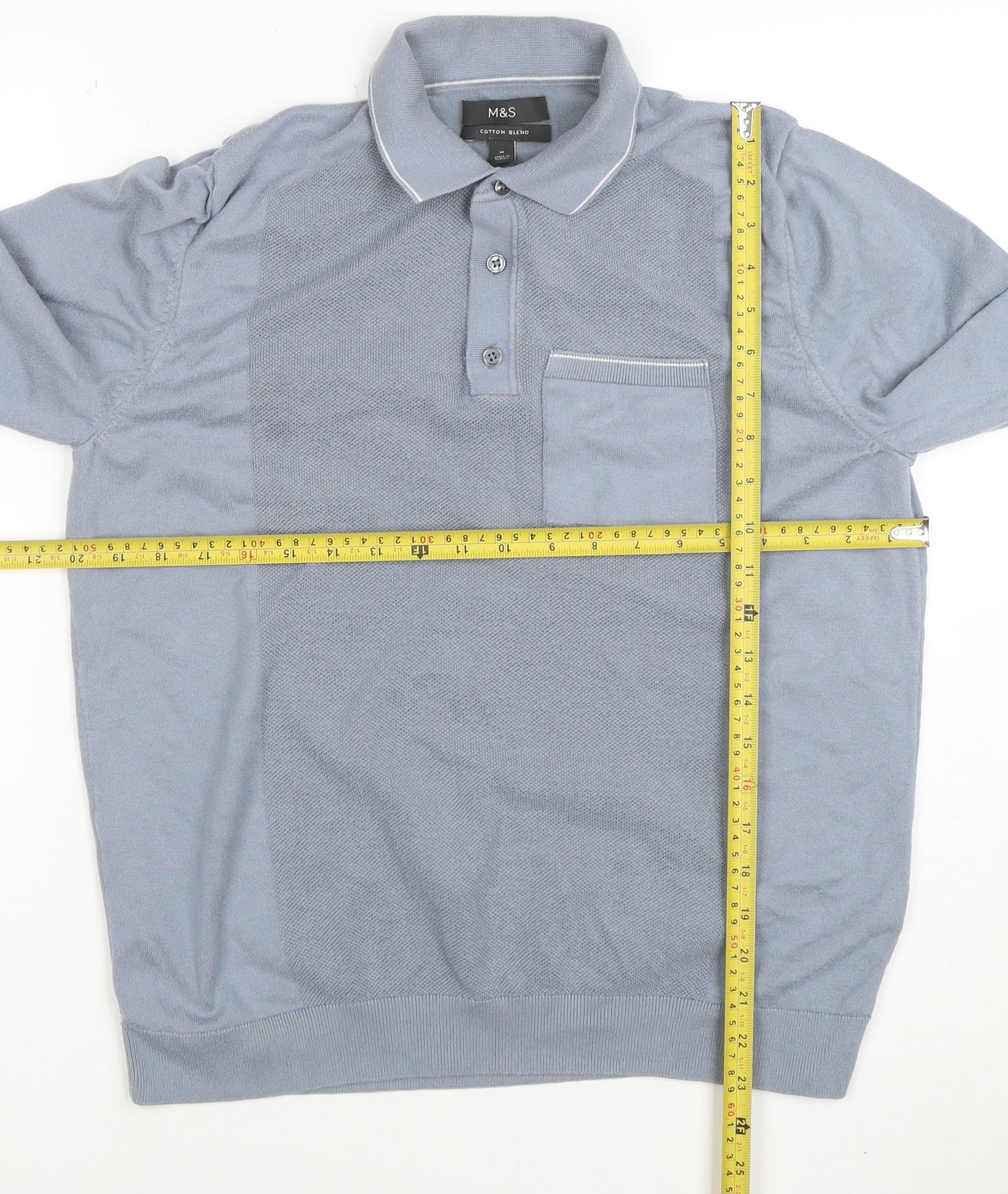 Marks and Spencer Men's Blue Long Sleeve Cotton Blend Polo M