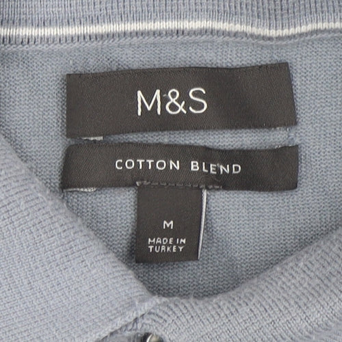 Marks and Spencer Men's Blue Long Sleeve Cotton Blend Polo M