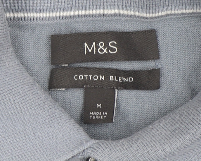 Marks and Spencer Men's Blue Long Sleeve Cotton Blend Polo M