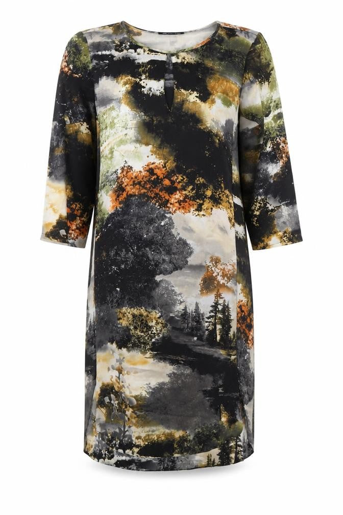 Front view of Mango Collection Women's Multicolour Shift Dress, size 8, 3/4 Sleeve