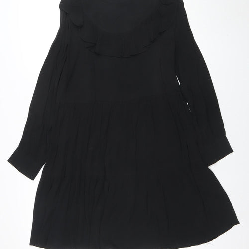 Zara Women Black Ruffle High Neck Long Sleeve Shift Dress M