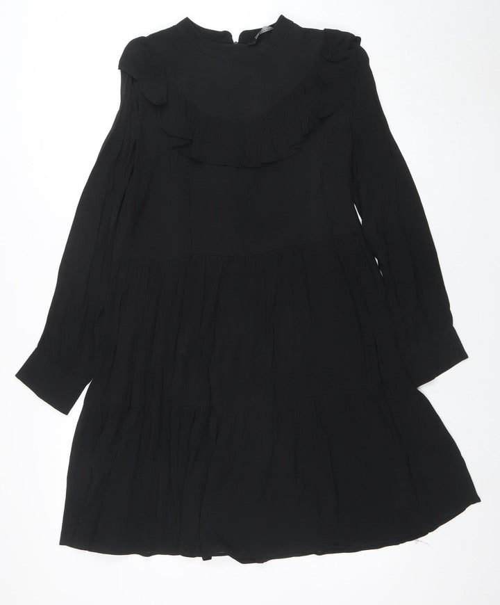 Zara Women Black Ruffle High Neck Long Sleeve Shift Dress M