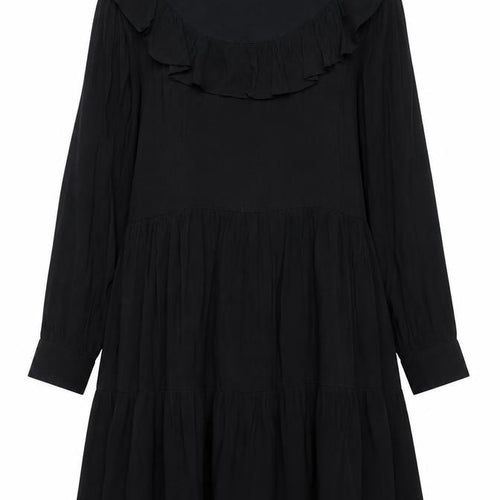 Zara Women Black Ruffle High Neck Long Sleeve Shift Dress M