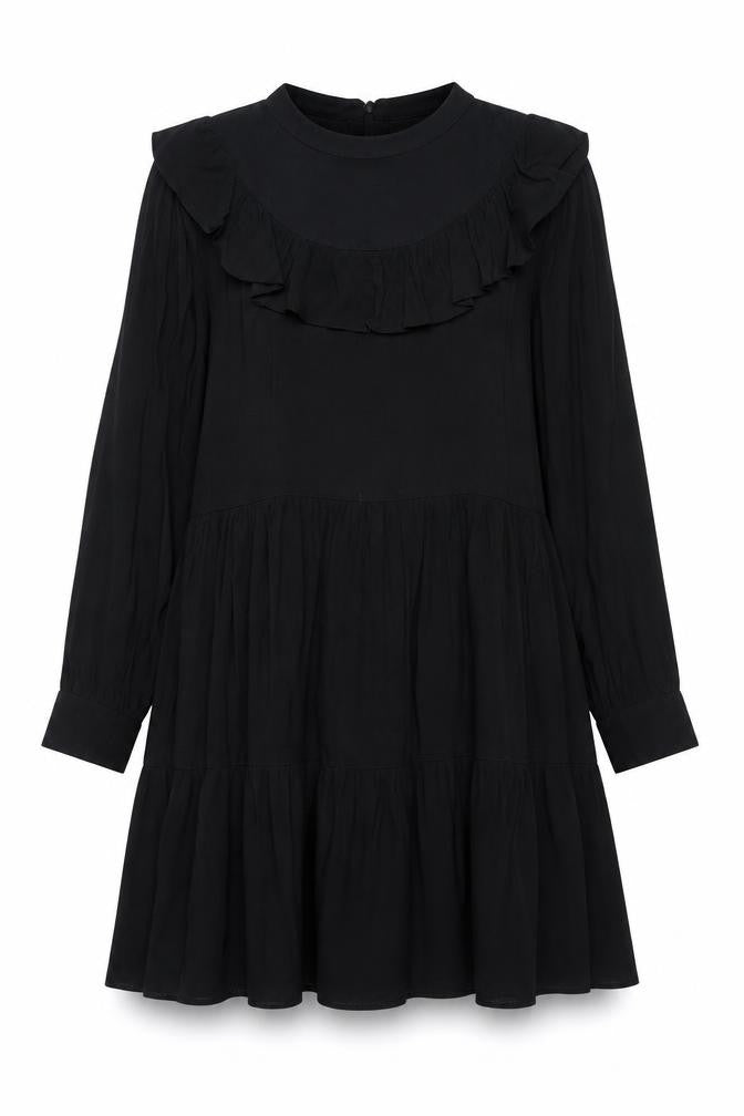 Zara Women Black Ruffle High Neck Long Sleeve Shift Dress M