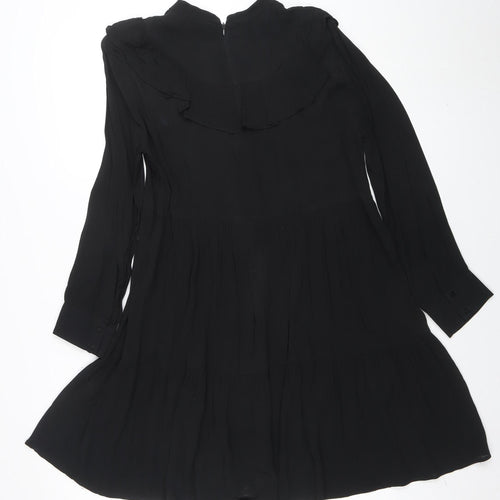 Zara Women Black Ruffle High Neck Long Sleeve Shift Dress M