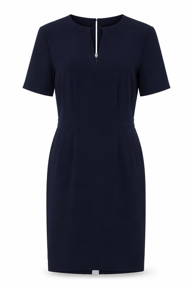 Front view of Warehouse Women's Blue Shift Work Dress, size 12, Half Sleeve