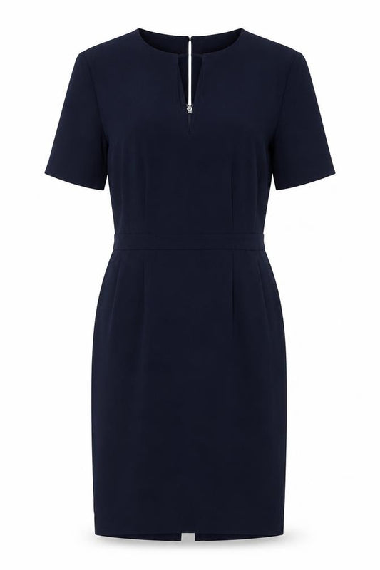 Front view of Warehouse Women's Blue Shift Work Dress, size 12, Half Sleeve