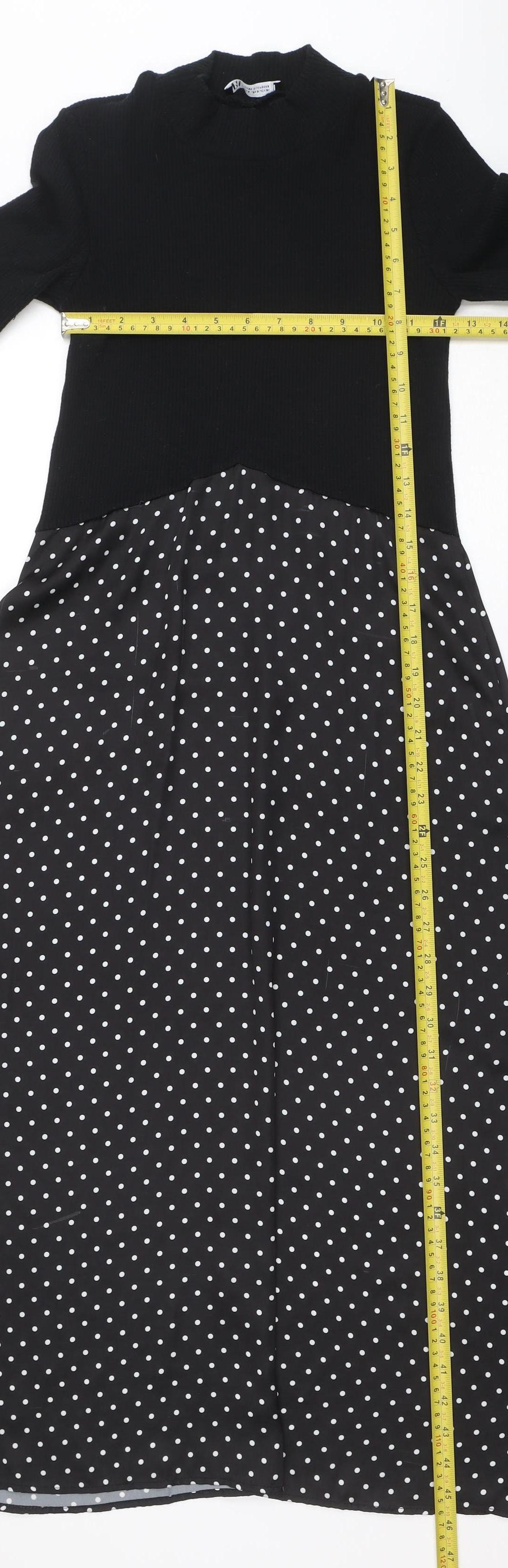 ZARA Women Black Polka Dot Fit & Flare Midi Dress Size 12