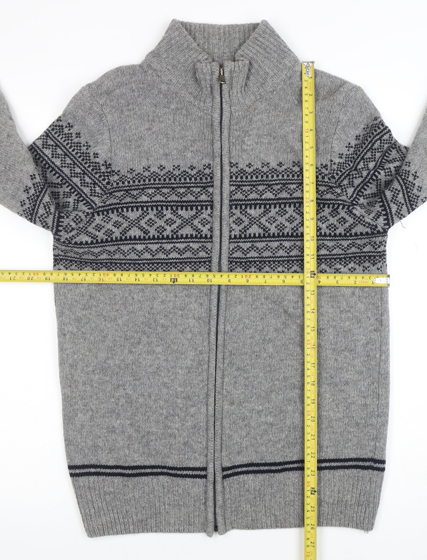Lorenzo Magni Men’s Grey Wool Full Zip Fair Isle Jumper Size S