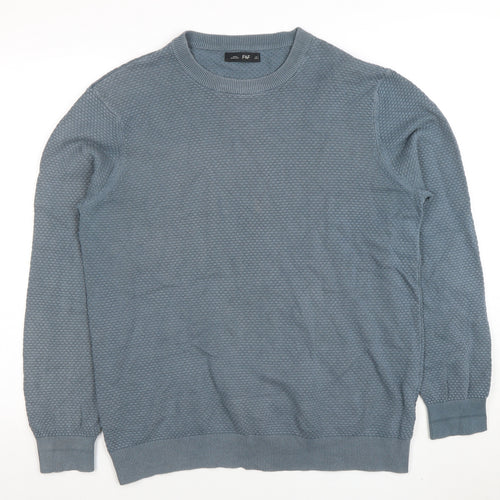 F&F Mens Blue Cotton Blend Textured Knit Crew Neck Jumper Size L