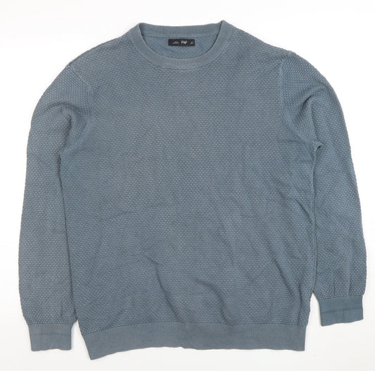 F&F Mens Blue Cotton Blend Textured Knit Crew Neck Jumper Size L