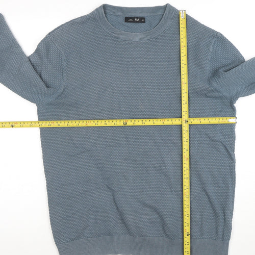 F&F Mens Blue Cotton Blend Textured Knit Crew Neck Jumper Size L