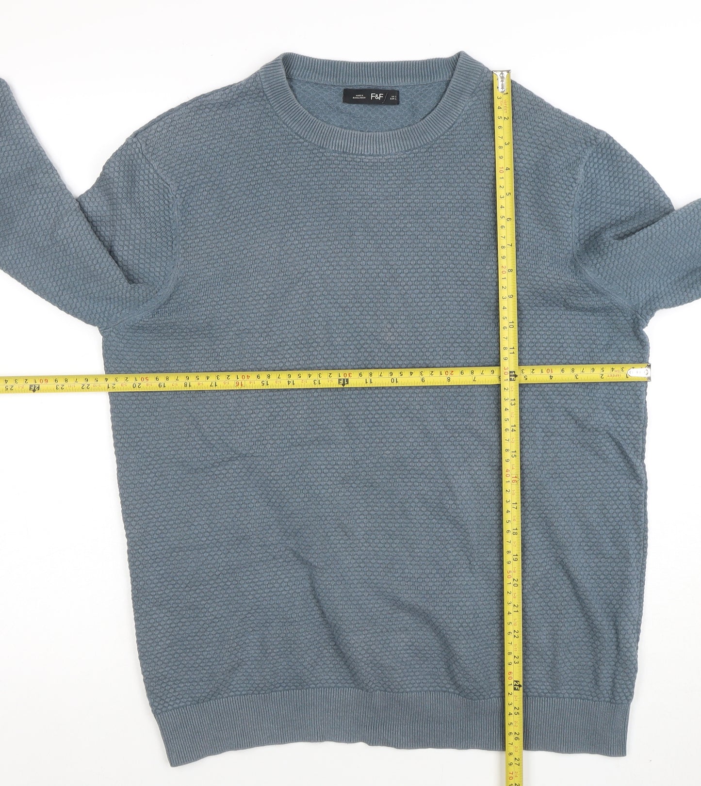 F&F Mens Blue Cotton Blend Textured Knit Crew Neck Jumper Size L
