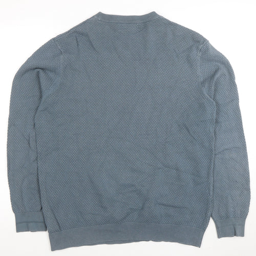 F&F Mens Blue Cotton Blend Textured Knit Crew Neck Jumper Size L