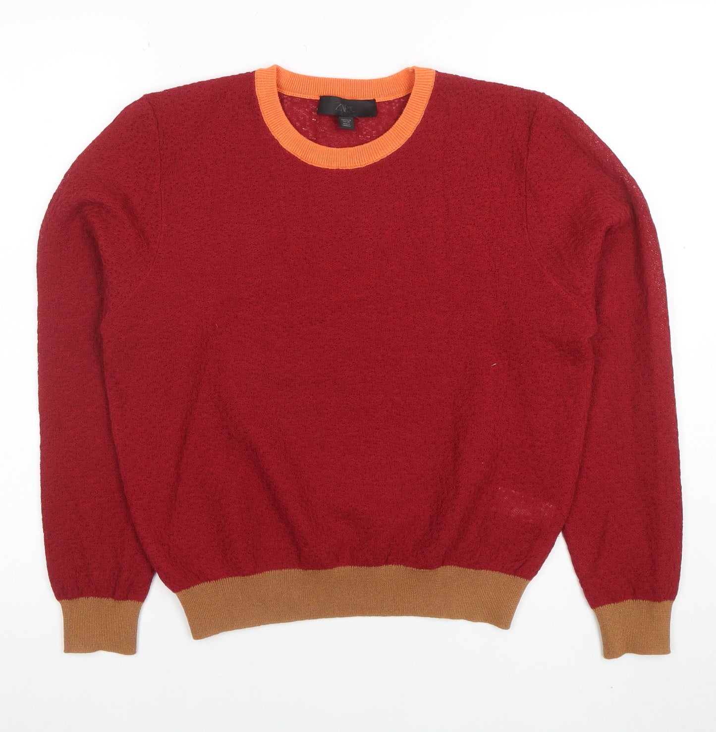 Zara Women Red Crew Neck Knitted Jumper M Wool Blend Long Sleeve Classic Fit