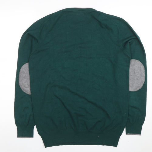MASKIO Men's Green L Crew Neck Pullover Jumper with Elbow Patches