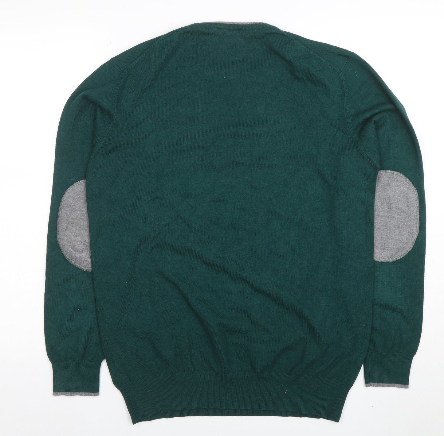 MASKIO Men's Green L Crew Neck Pullover Jumper with Elbow Patches