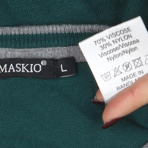 MASKIO Men's Green L Crew Neck Pullover Jumper with Elbow Patches