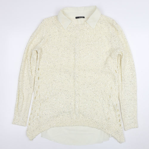 Quiz Womens Ivory Collared Sequin Knit Long Sleeve Pullover Jumper Size 16