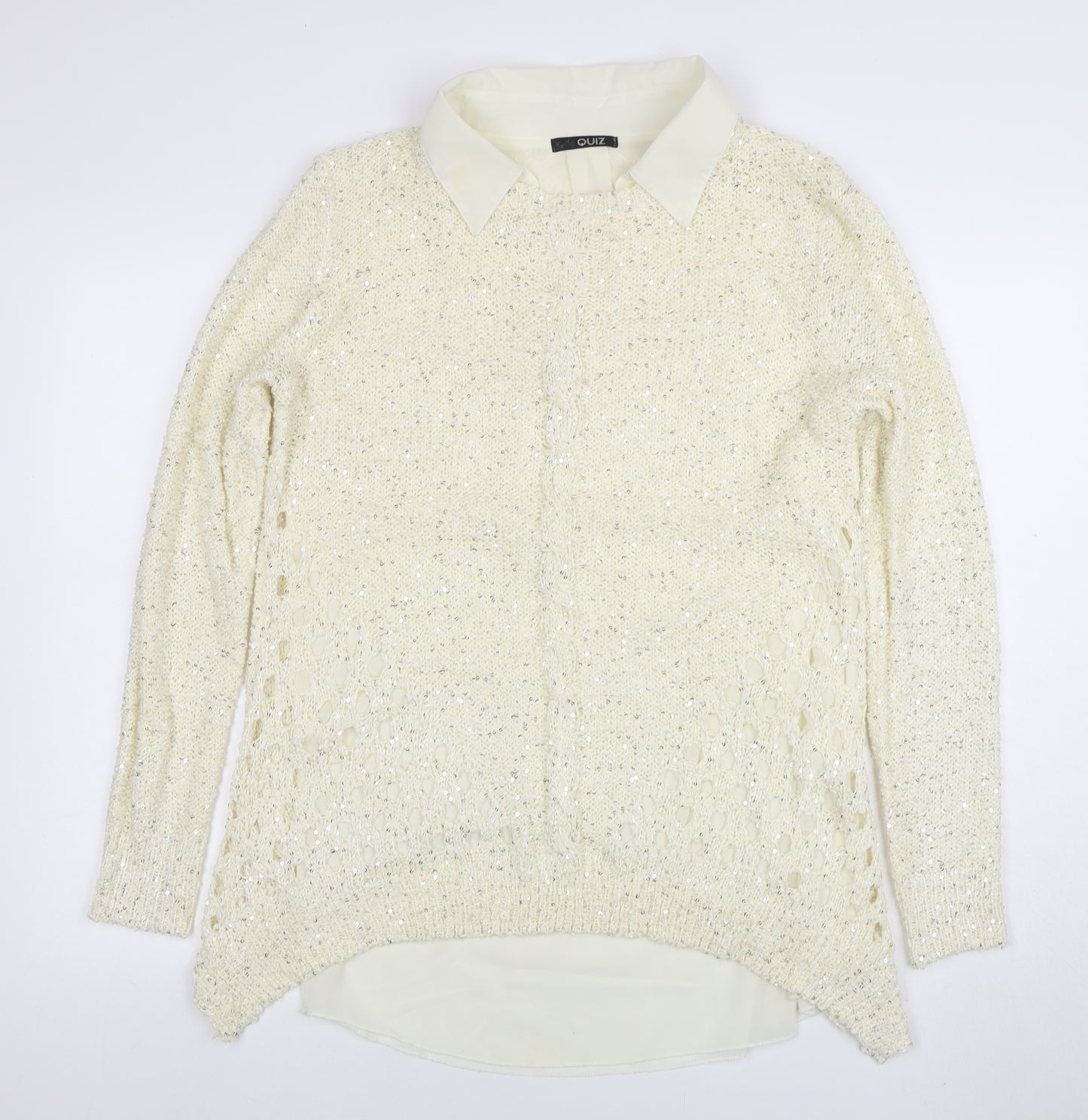 Quiz Womens Ivory Collared Sequin Knit Long Sleeve Pullover Jumper Size 16