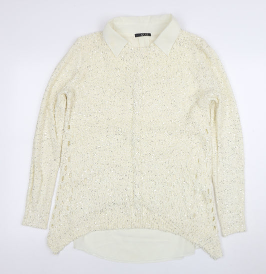 Quiz Womens Ivory Collared Sequin Knit Long Sleeve Pullover Jumper Size 16