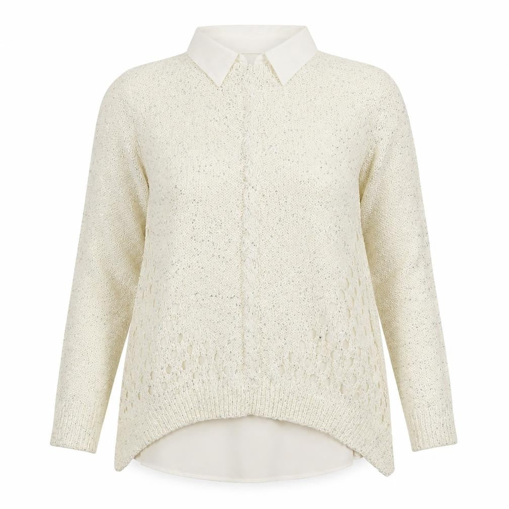Front view of Quiz women’s ivory collared sequin knit long sleeve jumper, size UK 16