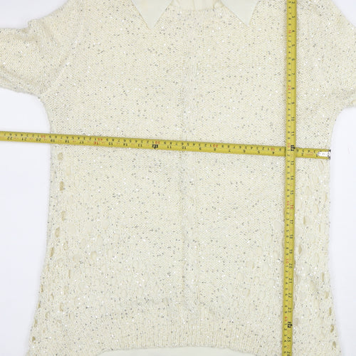 Quiz Womens Ivory Collared Sequin Knit Long Sleeve Pullover Jumper Size 16