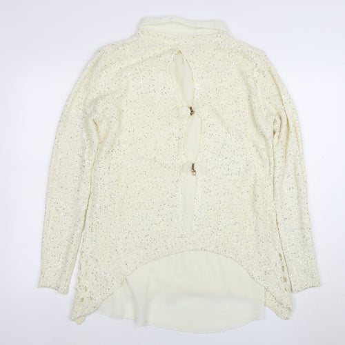 Quiz Womens Ivory Collared Sequin Knit Long Sleeve Pullover Jumper Size 16