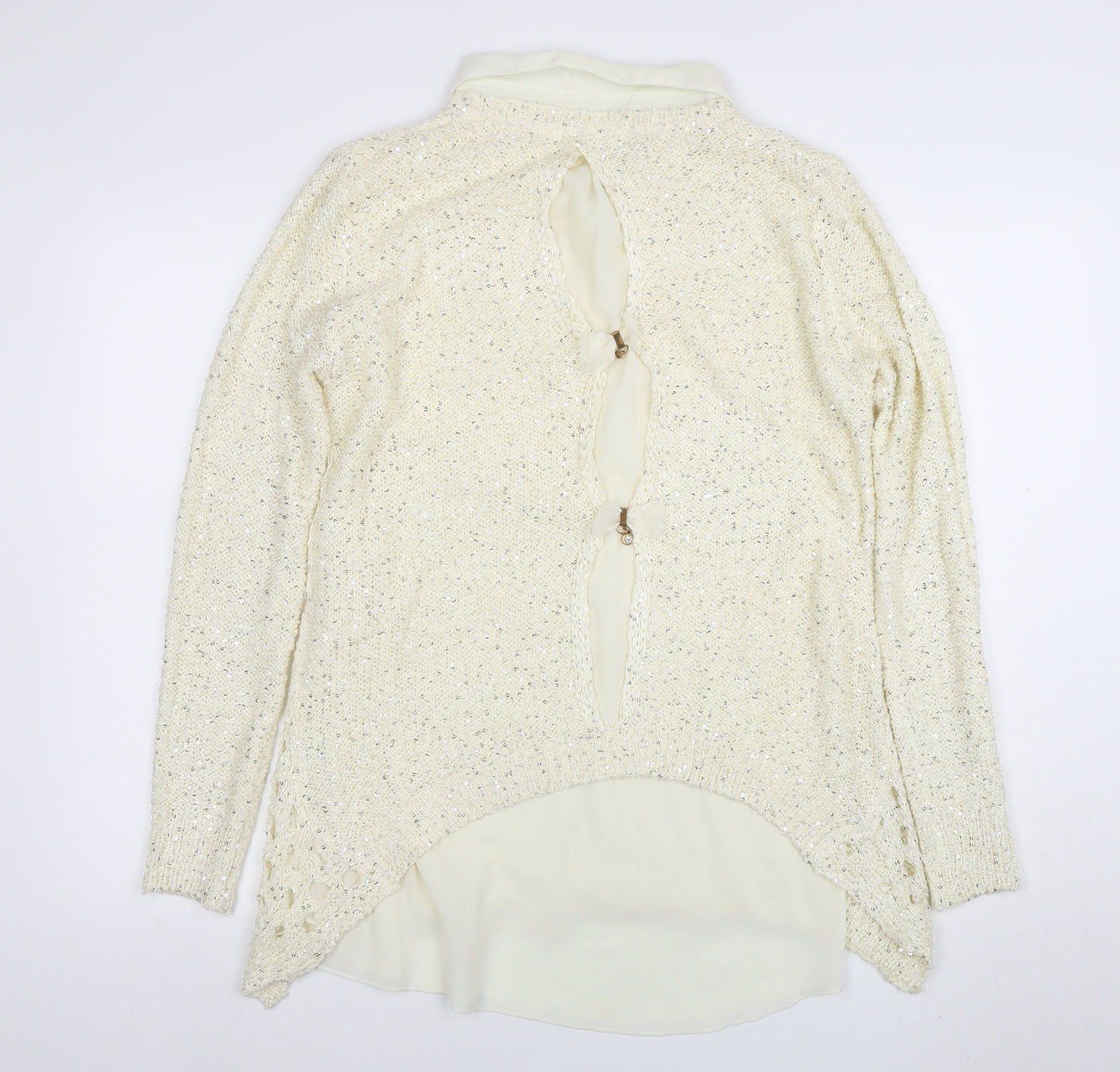 Quiz Womens Ivory Collared Sequin Knit Long Sleeve Pullover Jumper Size 16