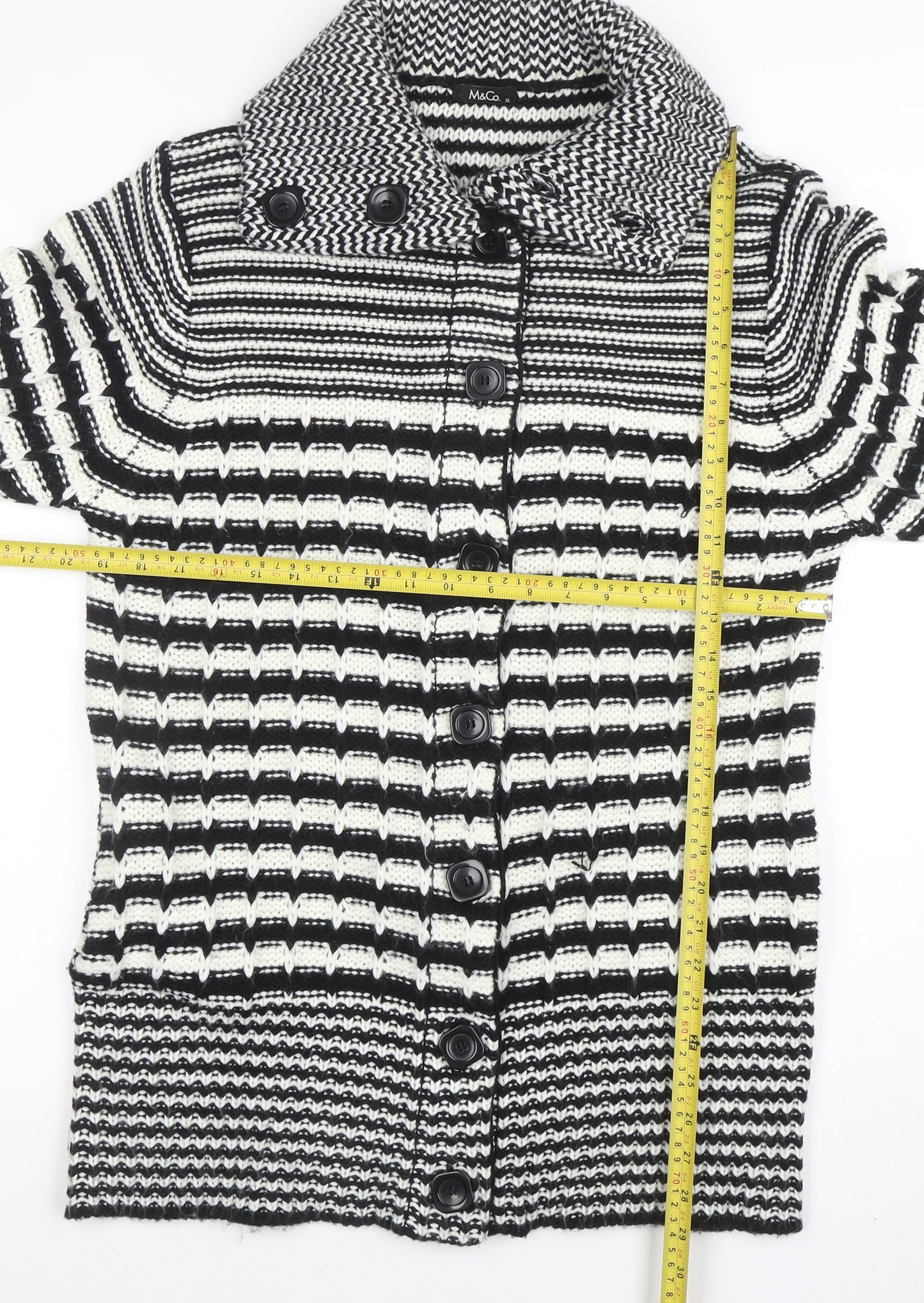 M&Co Women’s Black White Collared Chunky Knit Button Cardigan XL