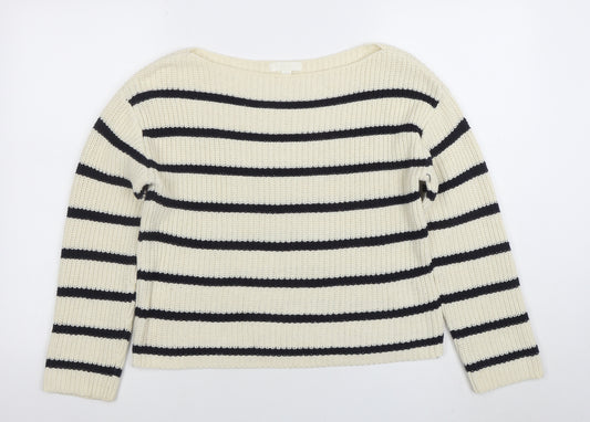 H&M Women Ivory Striped Boat Neck Knit Jumper Size S