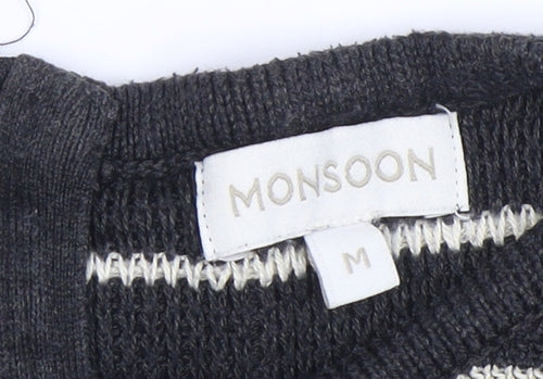 Monsoon Women’s Black Stripe Knit Shift Dress M 3/4 Sleeve