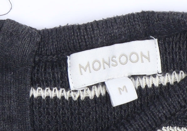Monsoon Women’s Black Stripe Knit Shift Dress M 3/4 Sleeve