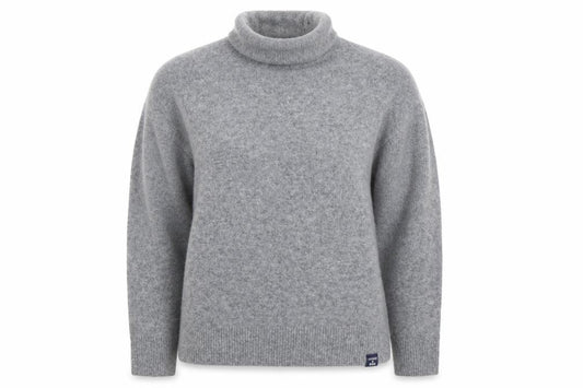 Front view of Superdry women’s grey wool roll neck jumper, size UK 8