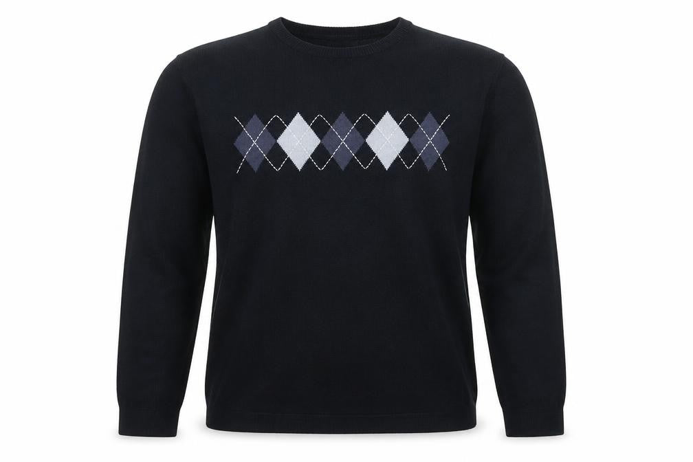 Front view of Cutting Edge men’s blue argyle knit crew neck acrylic jumper m