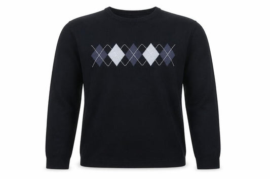 Front view of Cutting Edge men’s blue argyle knit crew neck acrylic jumper m