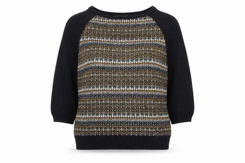 Front view of Sessùn Women's Black Striped Wool Blend 3/4 Sleeve jumper M