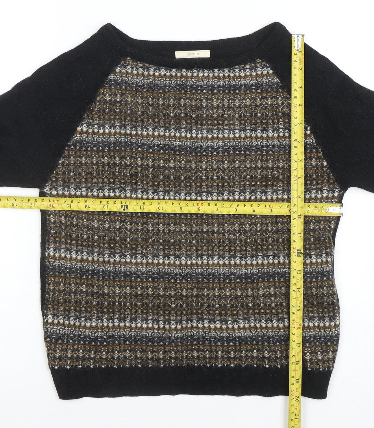 Sessùn Women's Black Striped Wool Blend 3/4 Sleeve Pullover Jumper M