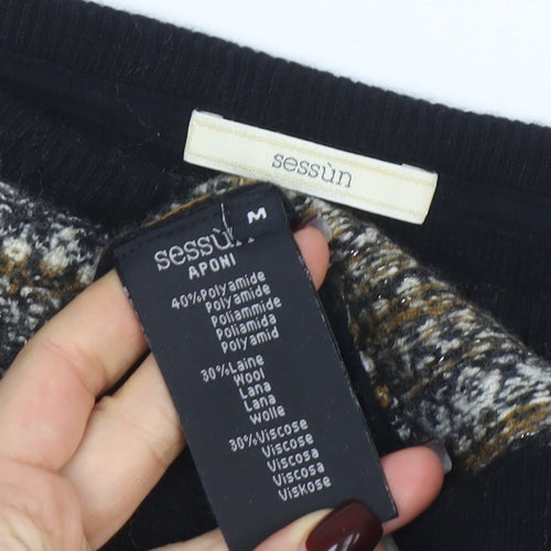 Sessùn Women's Black Striped Wool Blend 3/4 Sleeve Pullover Jumper M
