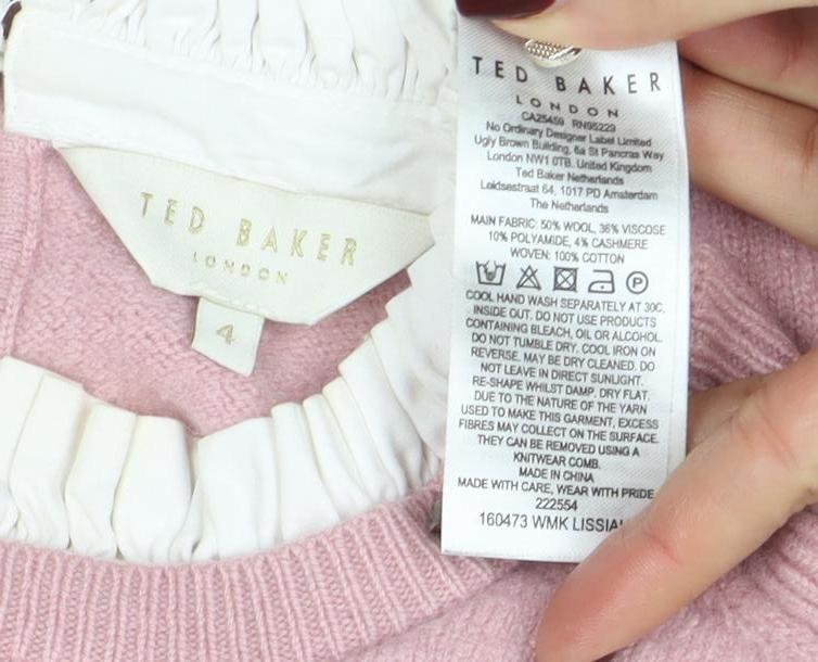 Ted Baker Women's Pink Wool Cashmere Ruffle Collar Pullover Jumper Size 14