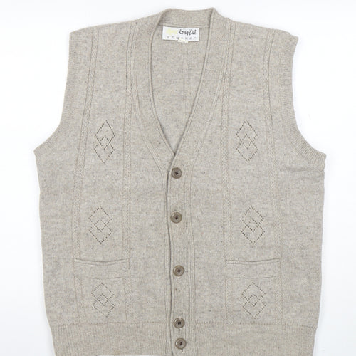 Long Dai Men's Beige Wool V-Neck Argyle Button Vest 2XL