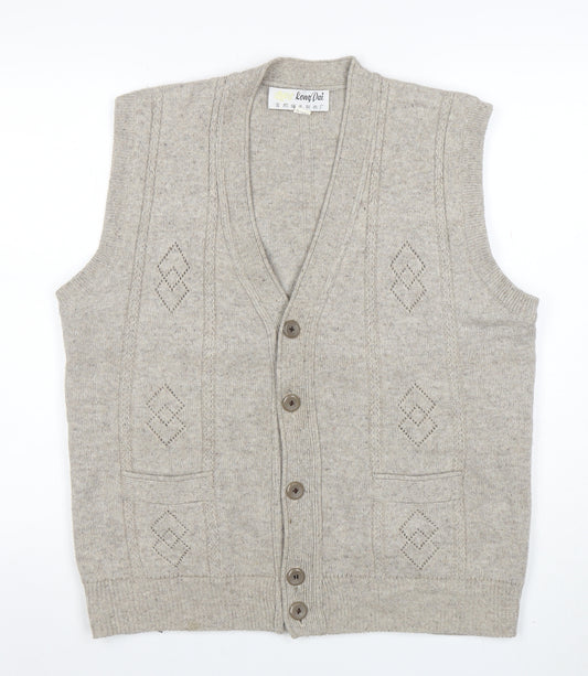 Long Dai Men's Beige Wool V-Neck Argyle Button Vest 2XL