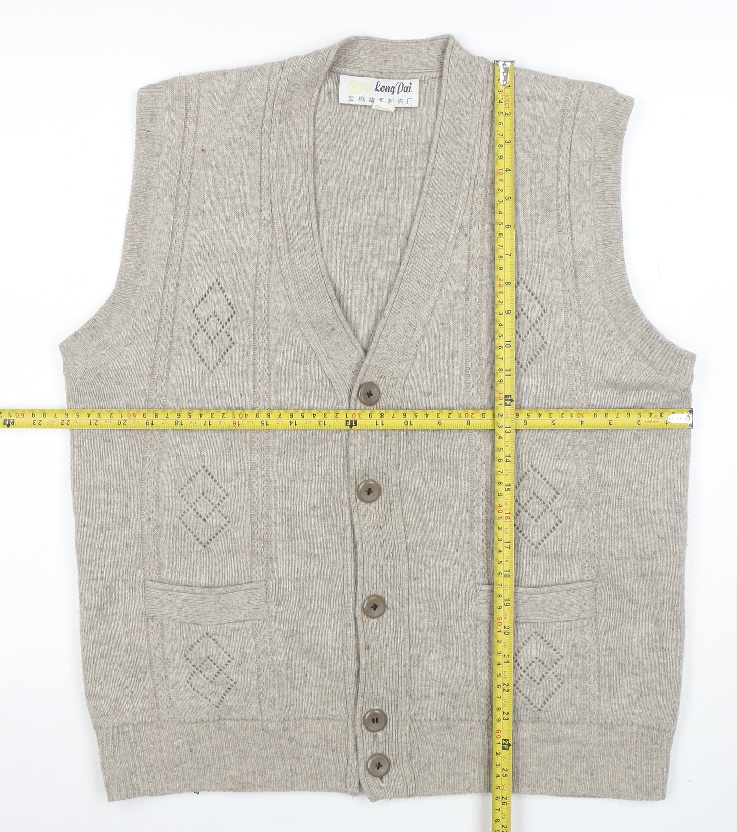 Long Dai Men's Beige Wool V-Neck Argyle Button Vest 2XL