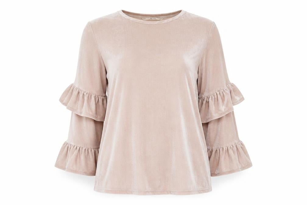 Tu Woman Beige Velvet Ruffle Sleeve Blouse Size 14
